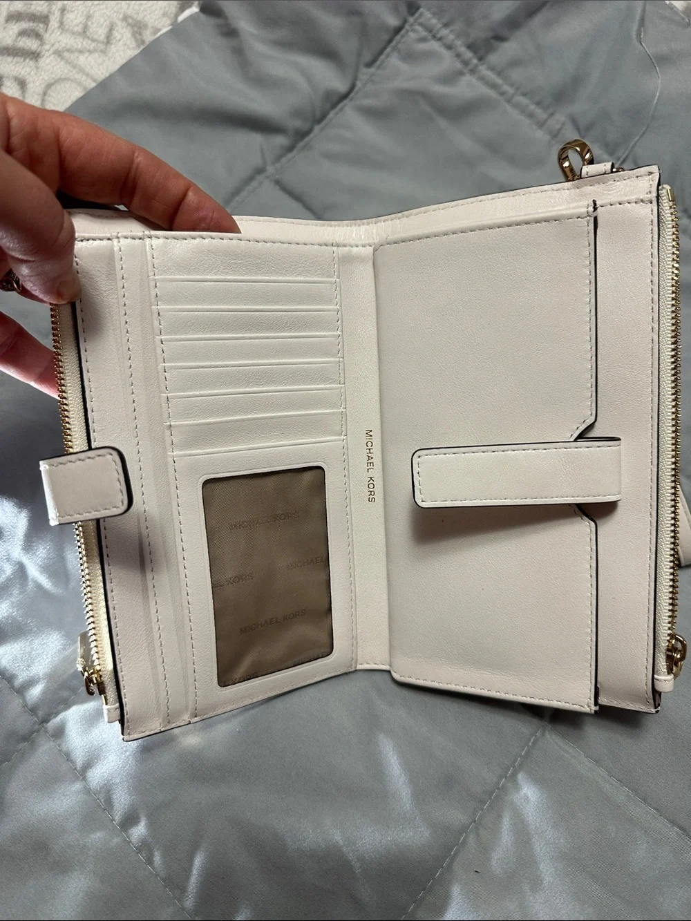 Michael Kors White Wristlet with Gold Floral Accents
